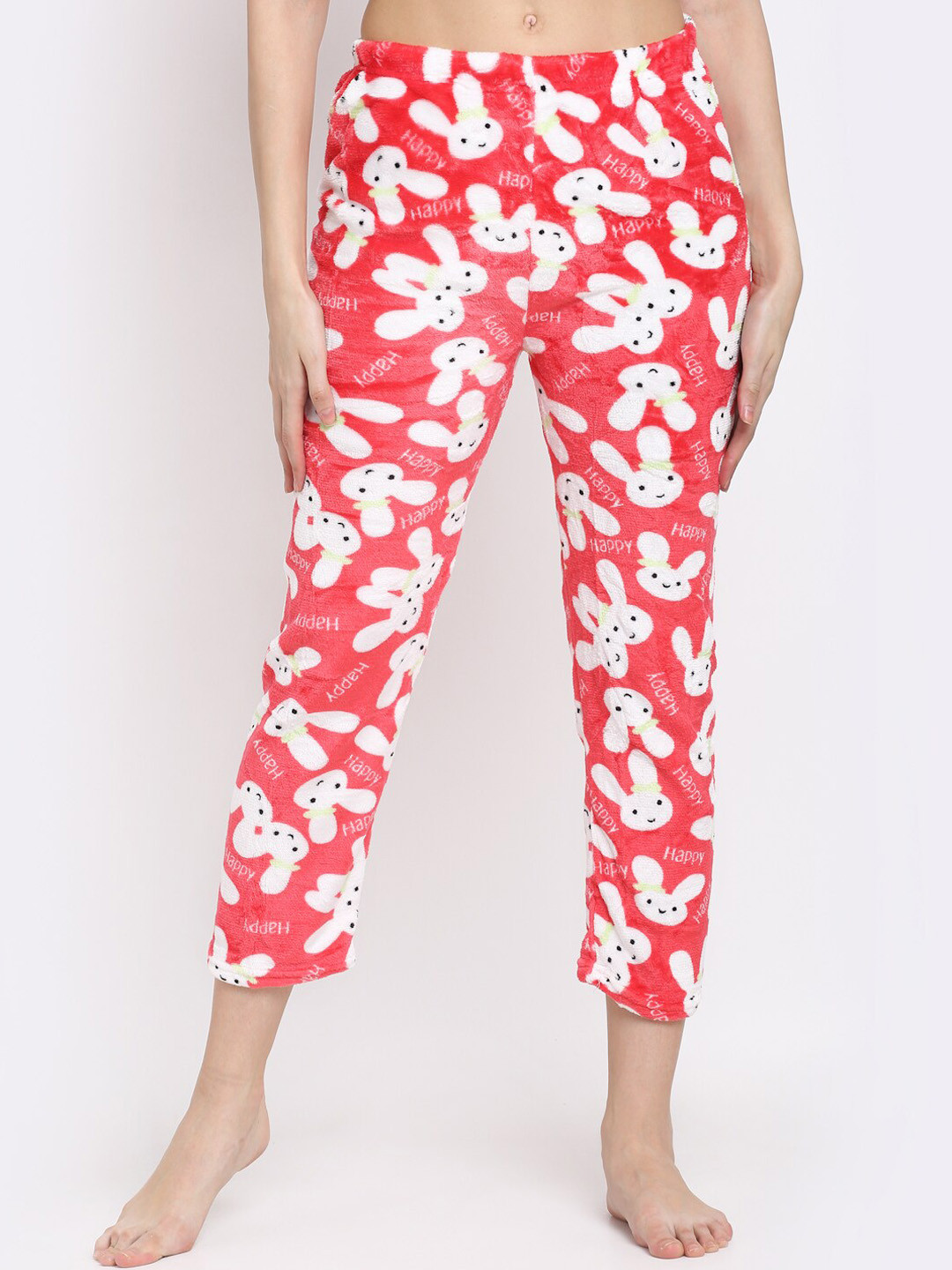 

NEUDIS Women Mid-Rise Printed Fleece Lounge Pant, Red