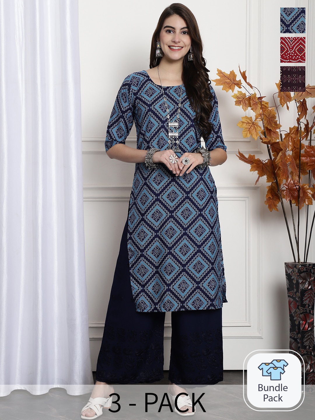 

7Threads Selection Of 3 Geometric Printed Straight Kurtas, Blue