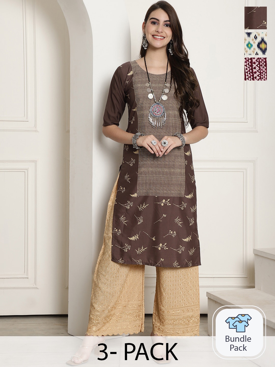 

7Threads Selection Of 3 Geometric Printed Straight Kurtas, Brown