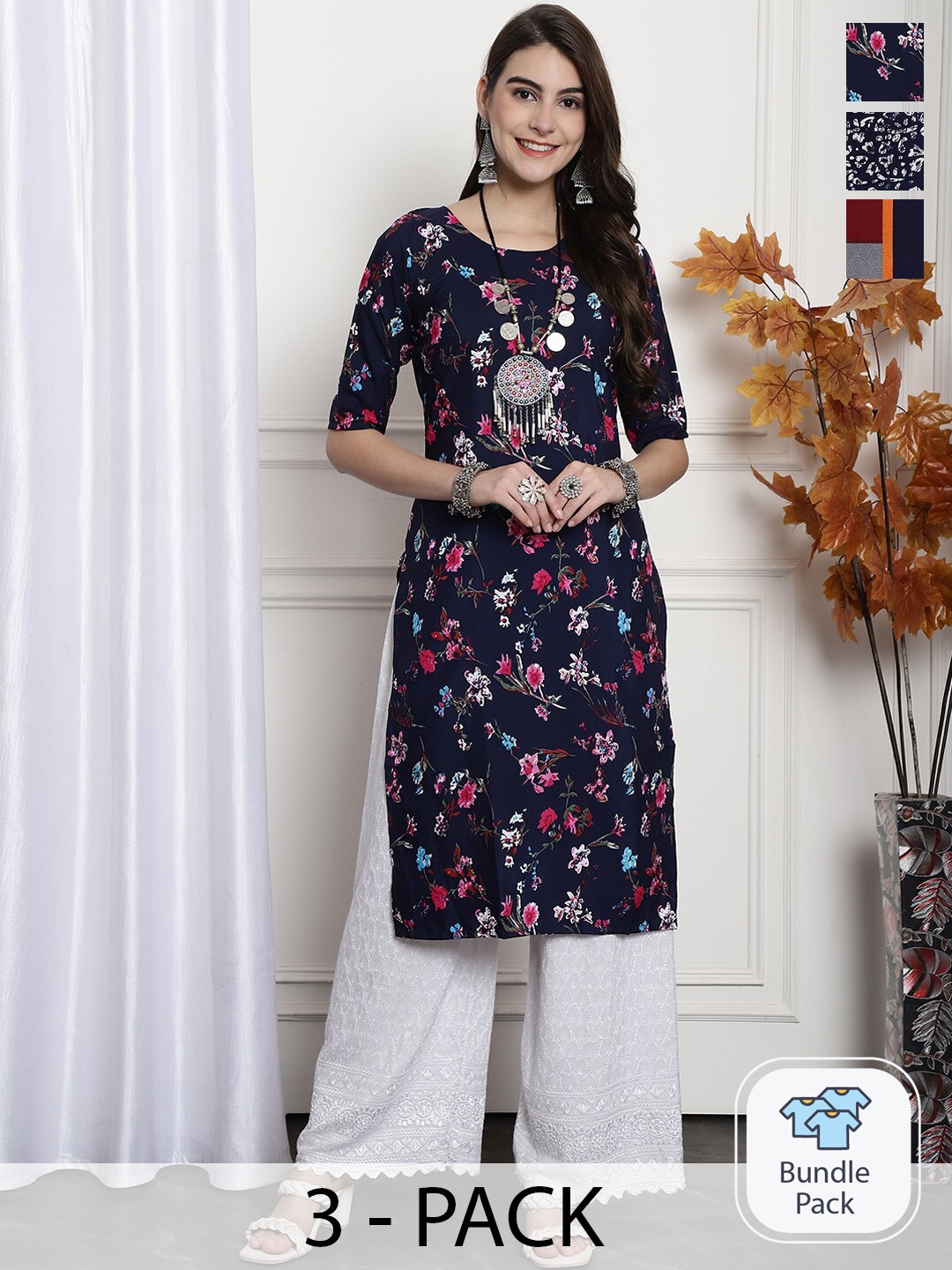 

7Threads Selection Of 3 Floral Printed Straight Kurta, Navy blue