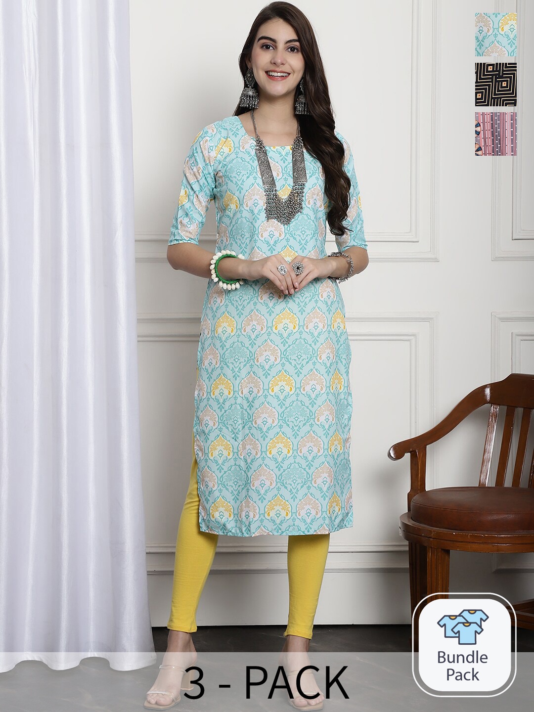 

7Threads Selection Of 3 Ethnic Motifs Printed Straight Kurta, Blue
