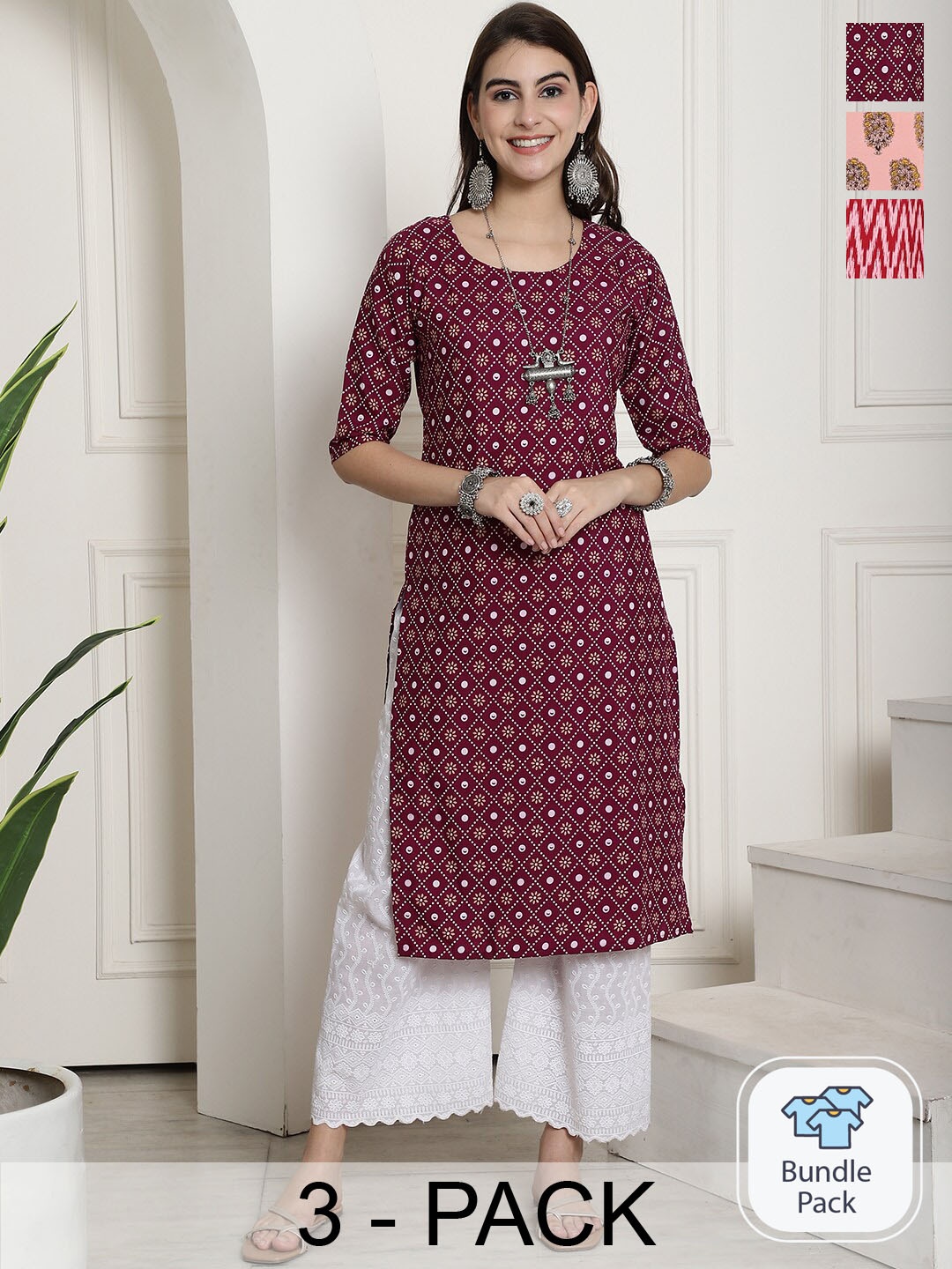 

7Threads Selection Of 3 Ethnic Motifs Printed Straight Kurta, Maroon