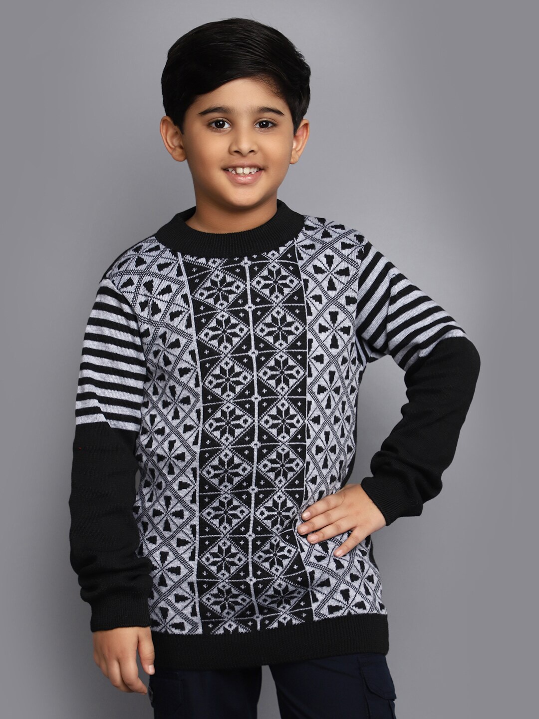 

V-Mart Boys Geometric Self Design Acrylic Pullover, Black