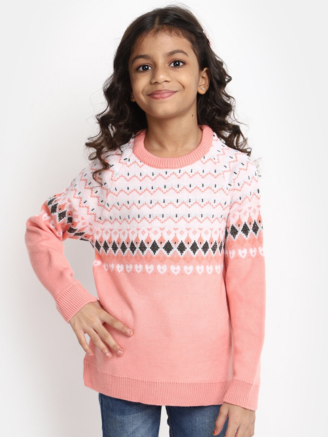 

V-Mart Girls Self Design Daffodil Woollen Pullover, Peach
