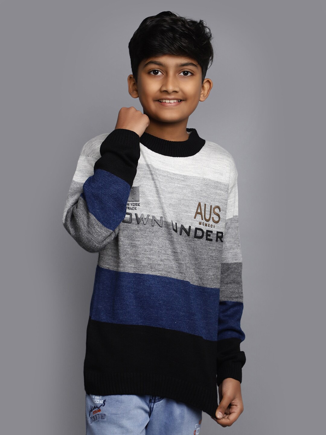 

V-Mart Boys Striped Daffodil Round Neck Woollen Pullover, Black