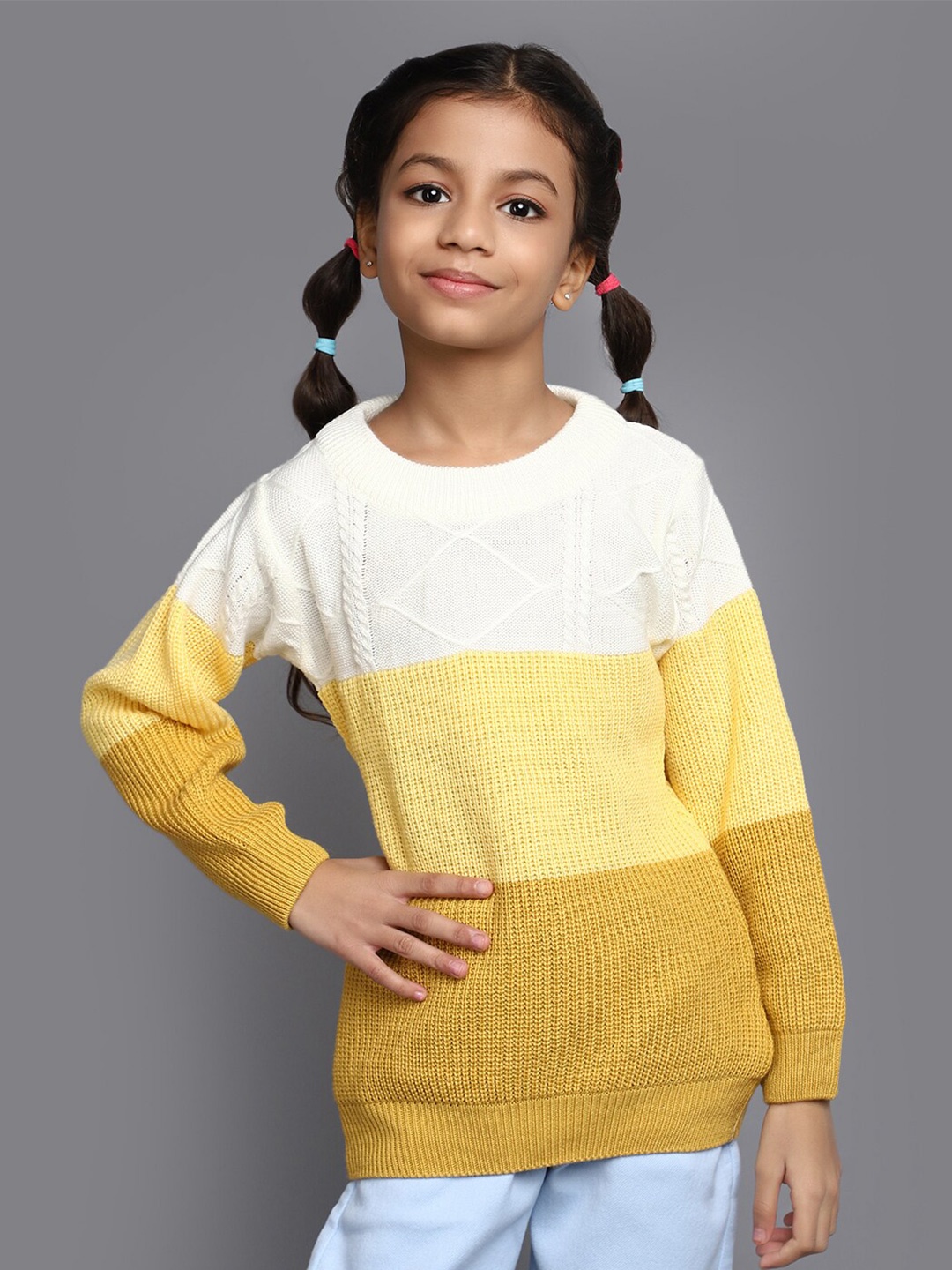 

V-Mart Girls Colourblocked Round Neck Acrylic Pullover, Yellow