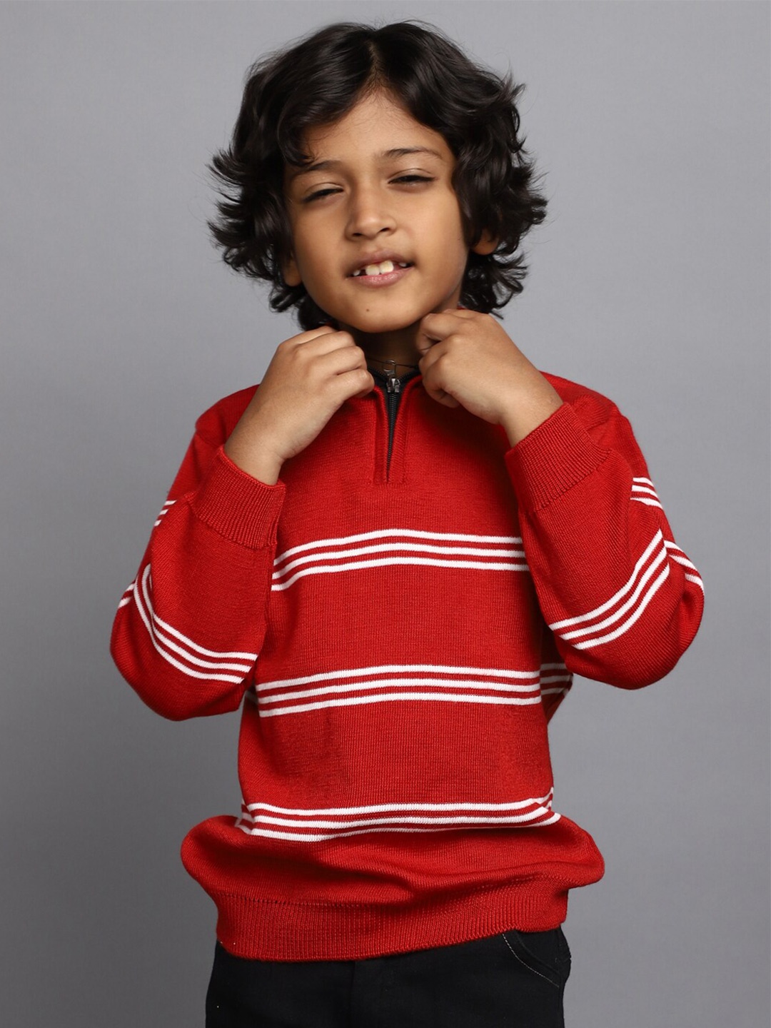 

V-Mart Boys Striped Mock Collar Acrylic Pullover, Red