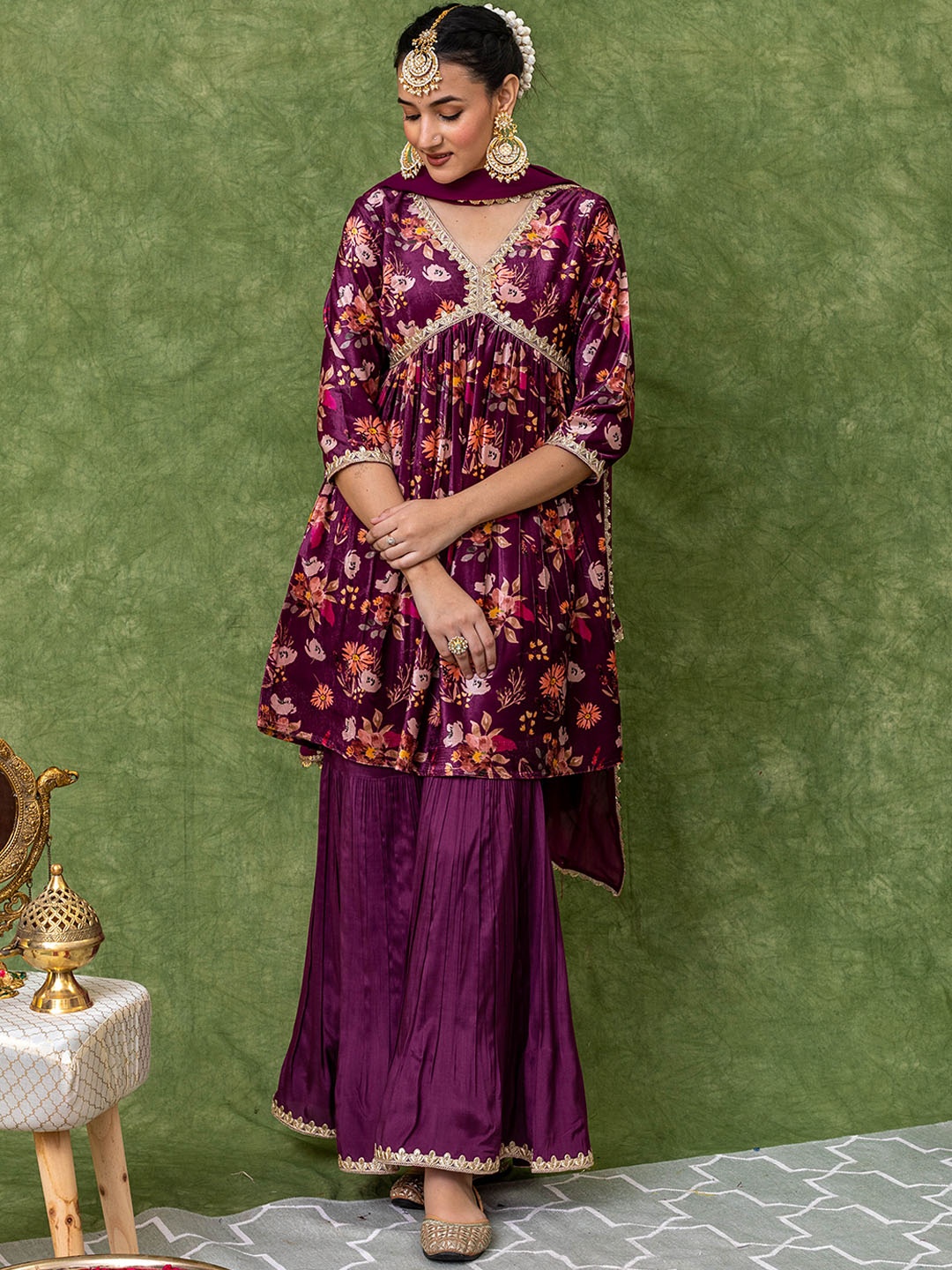 

KASYA Floral Printed Velvet Empire A-Line Gotta Patti Kurta with Sharara & Dupatta, Purple