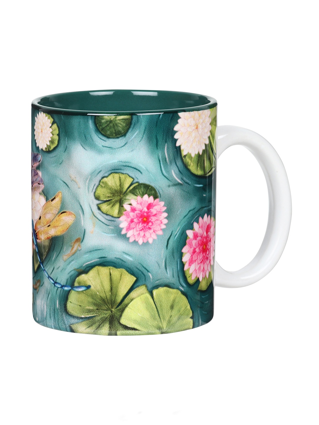 

KOLOROBIA Green & Pink Water Tale of Dragonflies Printed Ceramic Glossy Mug - 325 ML