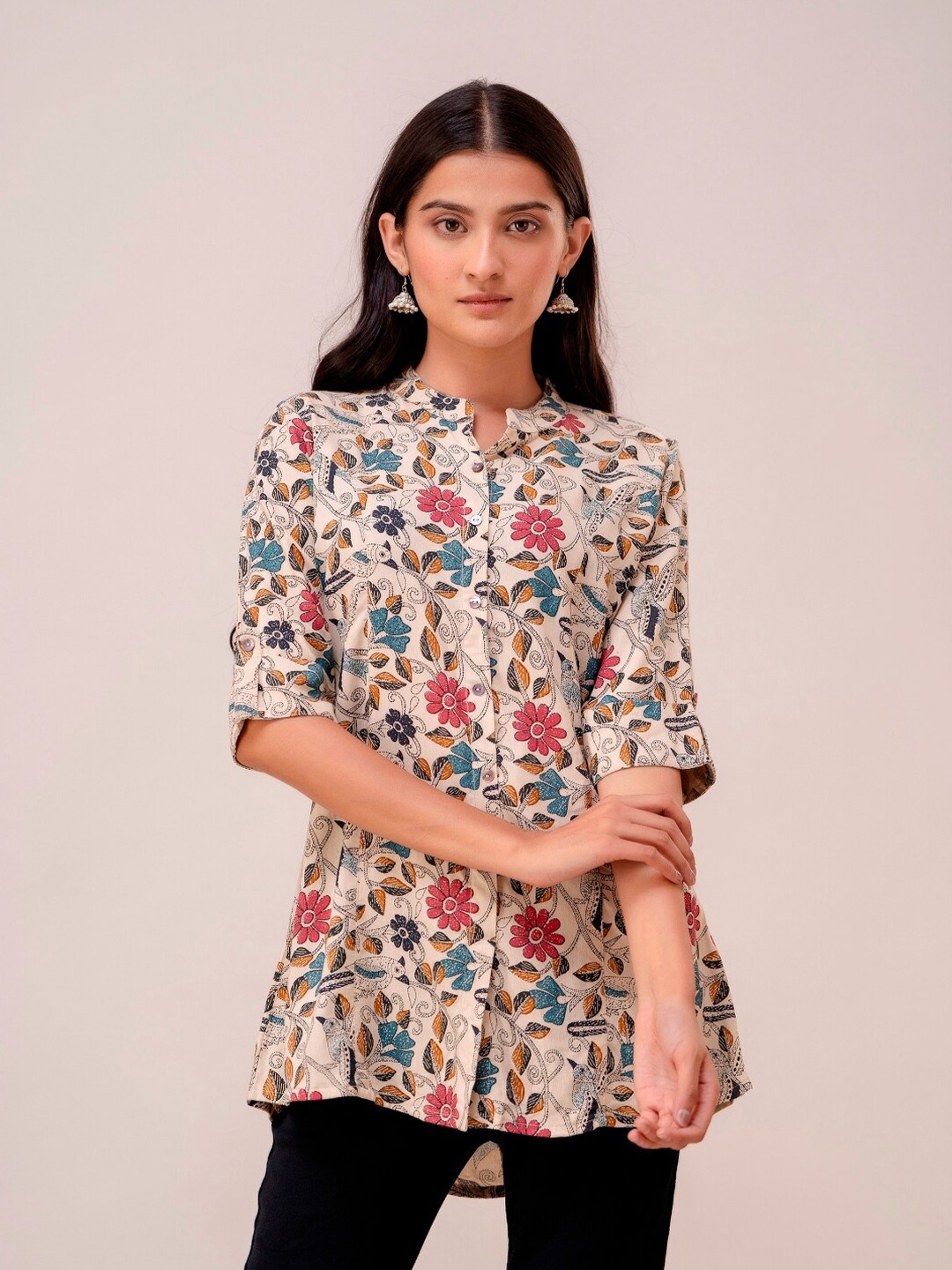 

HERE&NOW Beige Floral Printed Mandarin Collar Tunic