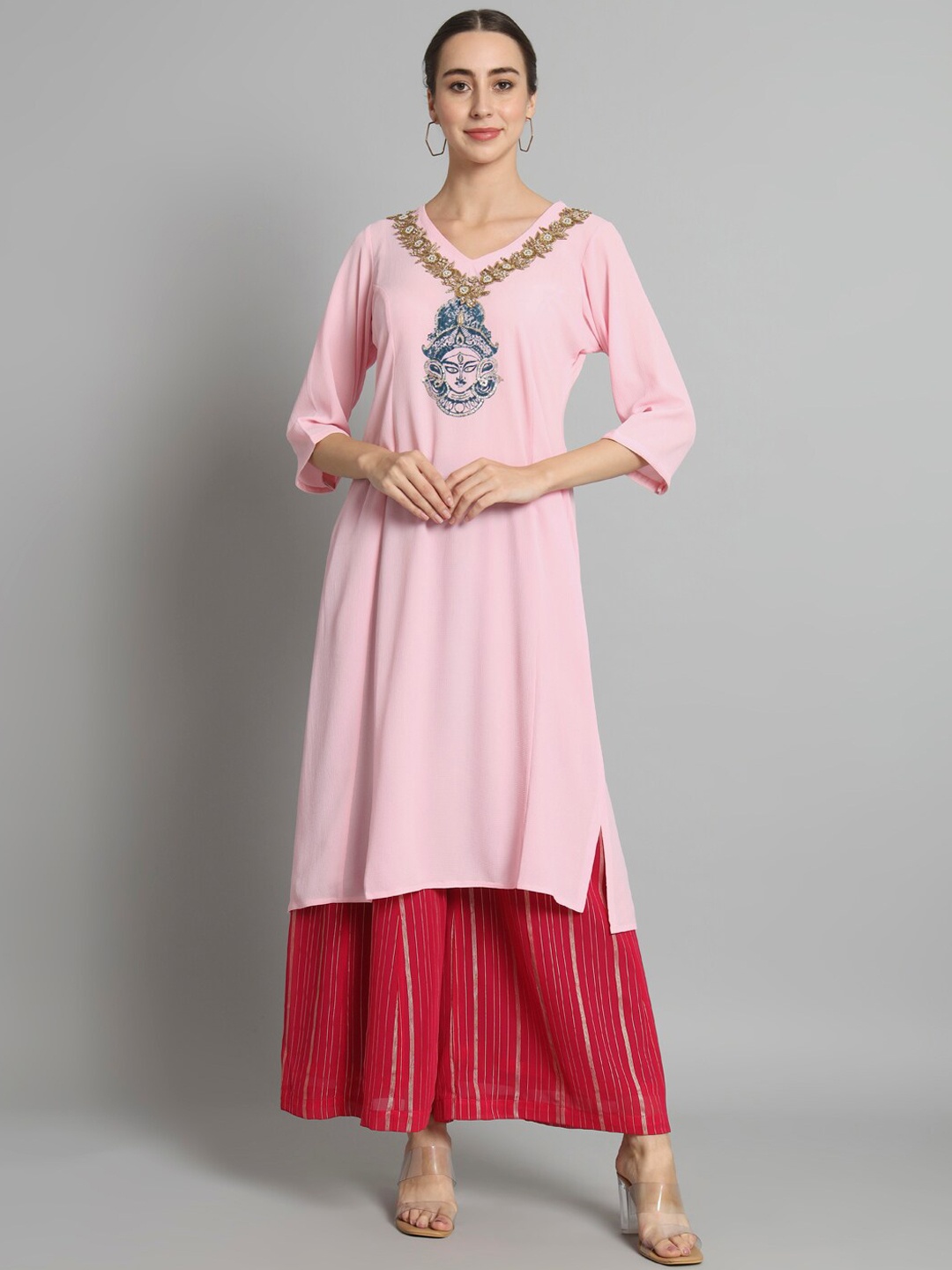 

Trinjann Ethnic Motif Printed Regular Kurta With Palazzos, Pink