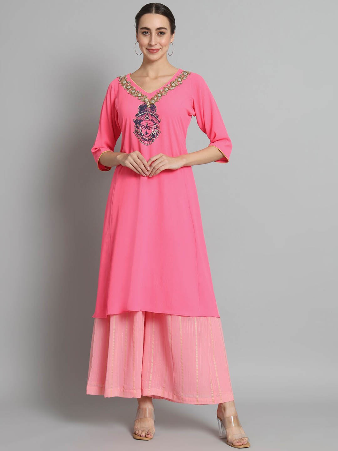 

Trinjann Ethnic Motif Printed Regular Beads And Stones Kurta With Palazzos, Pink