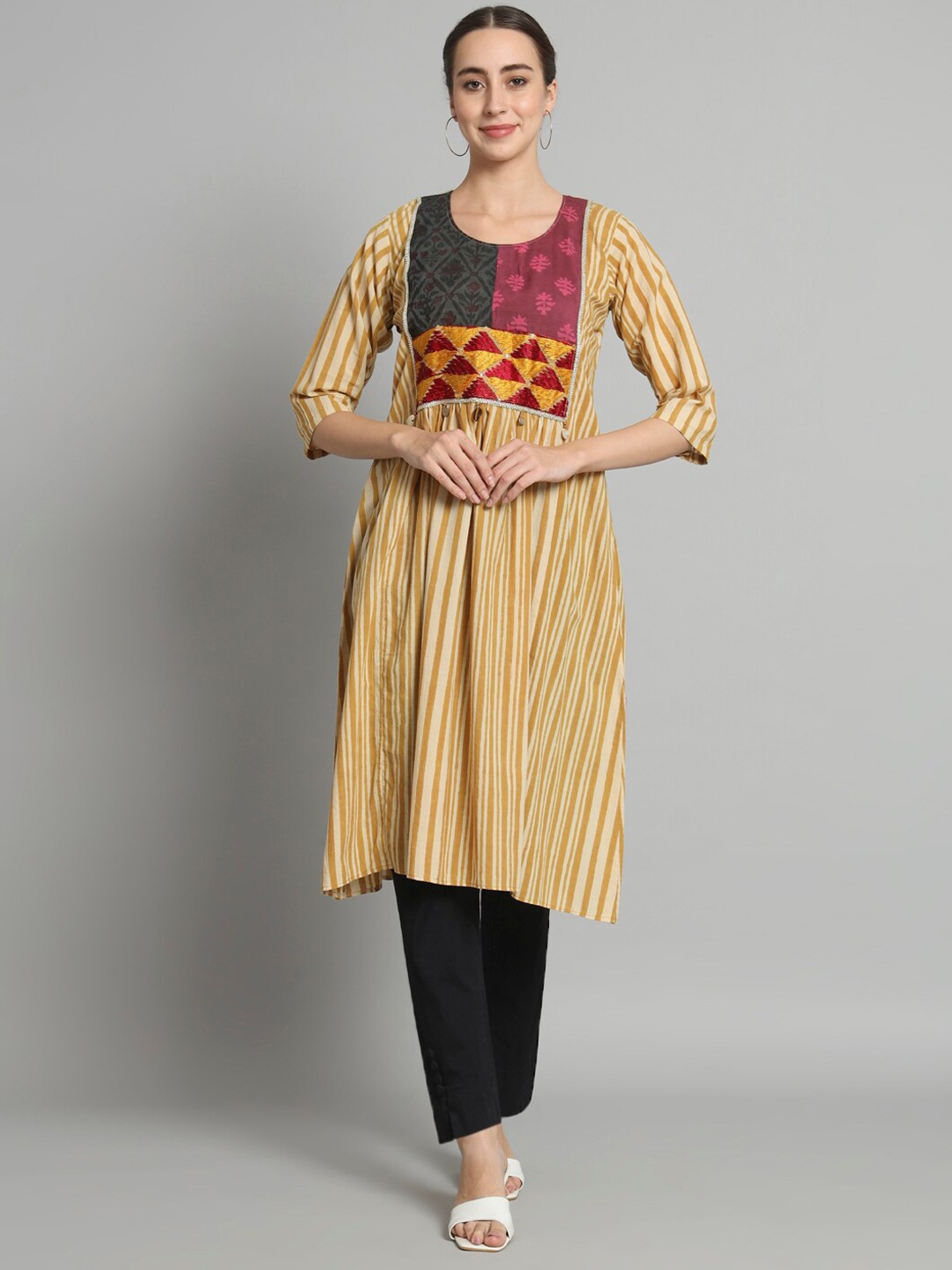 

Trinjann Striped Pure Cotton A Line Kurta, Mustard