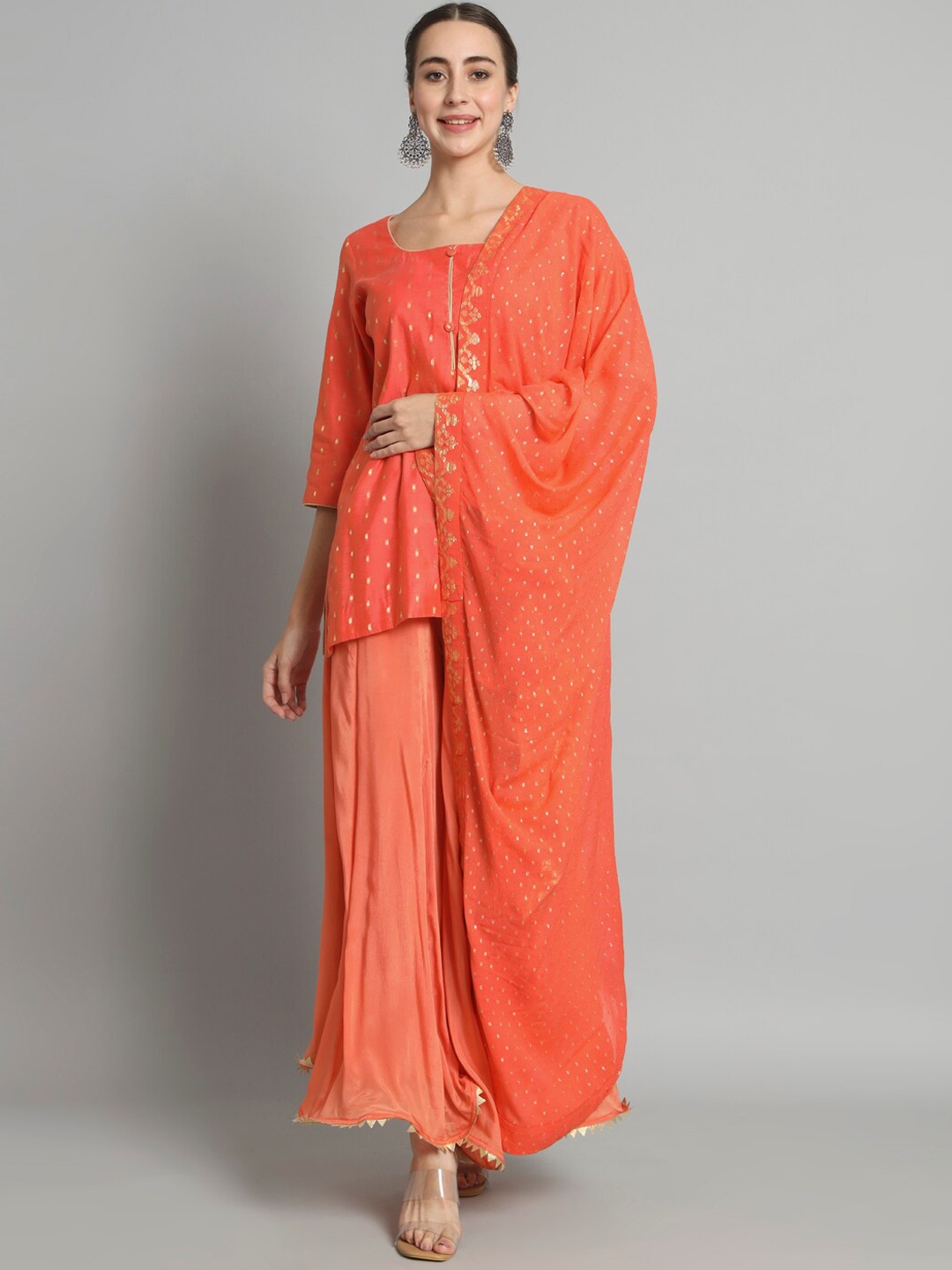 

Trinjann Ethnic Motifs Self Design Straight Kurti with Sharara & With Dupatta, Orange