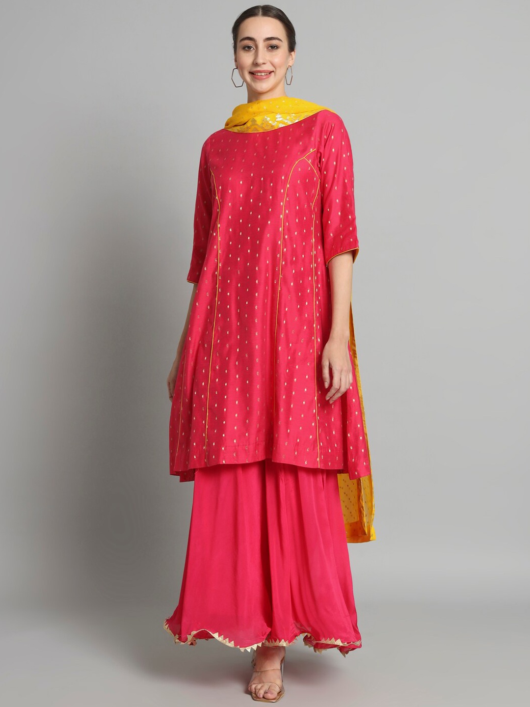 

Trinjann Woven Design Chanderi Silk Kurti & Sharara With Dupatta, Magenta