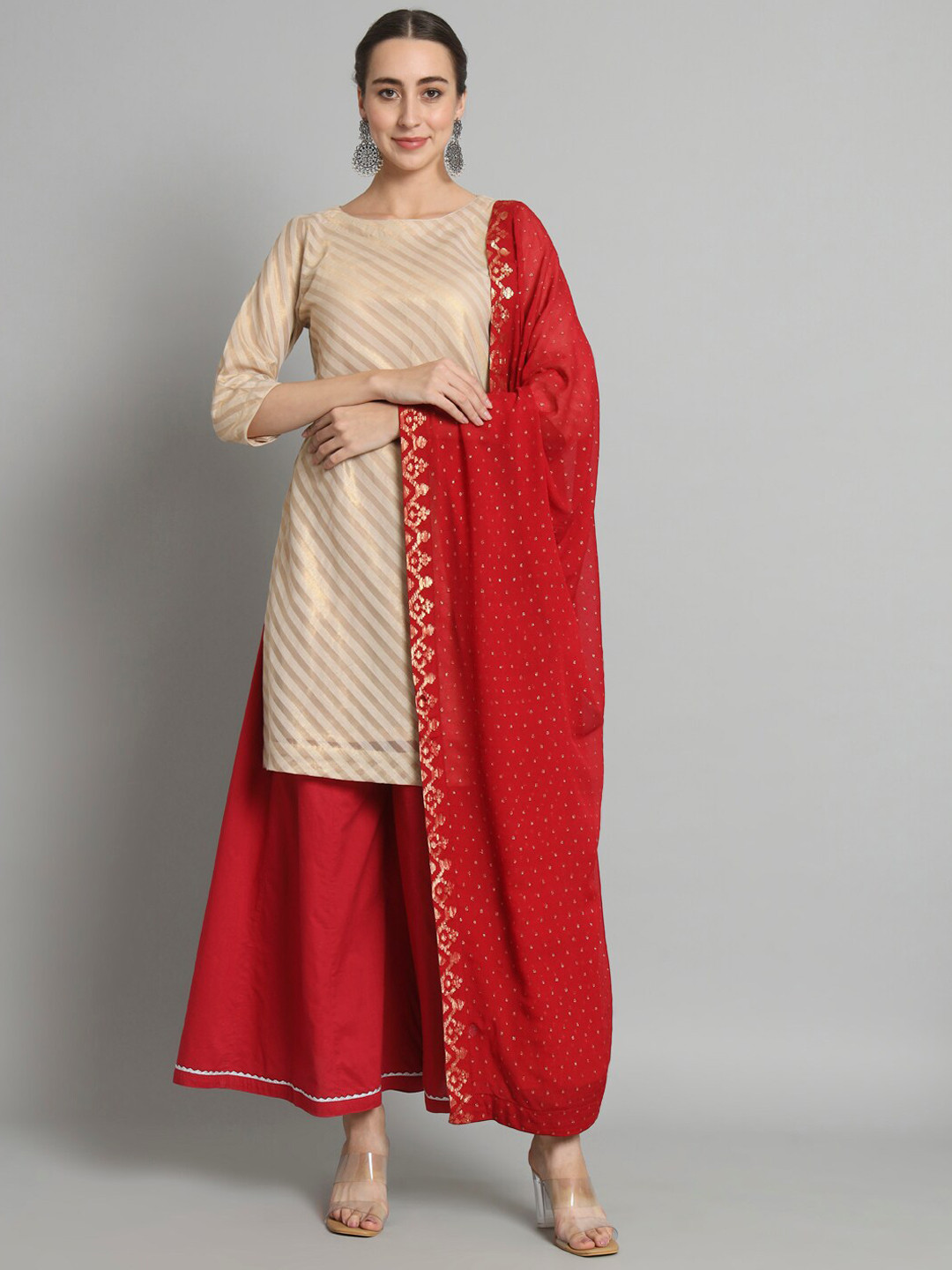 

Trinjann Regular Chanderi Silk Kurti with Sharara & With Dupatta, Beige