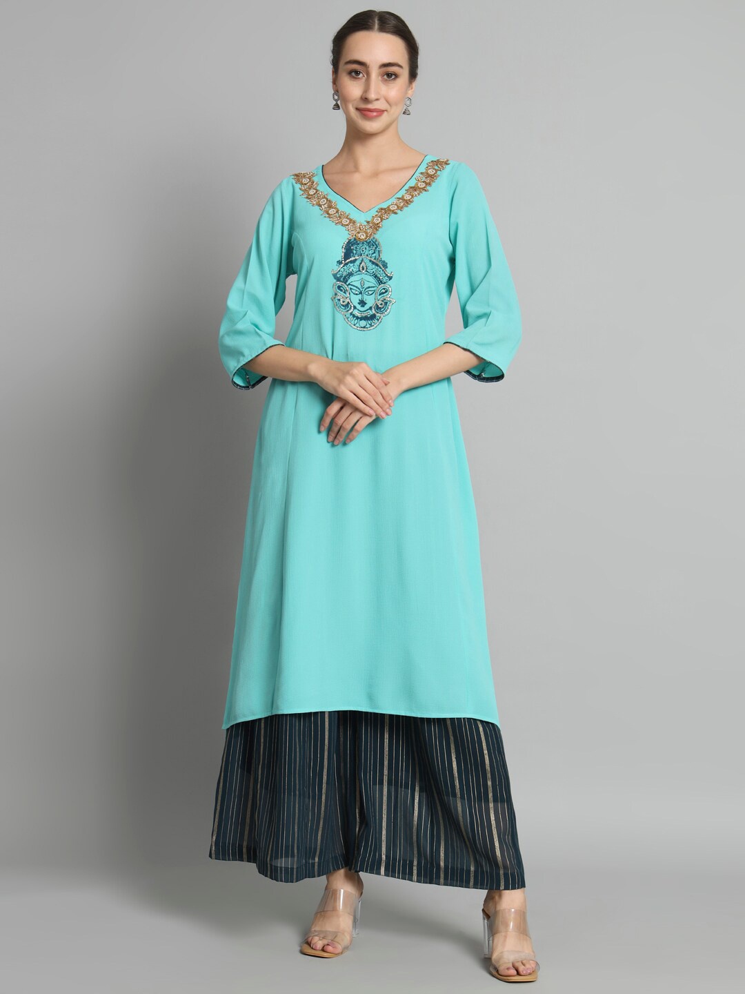 

Trinjann Regular Kurti with Palazzos, Sea green