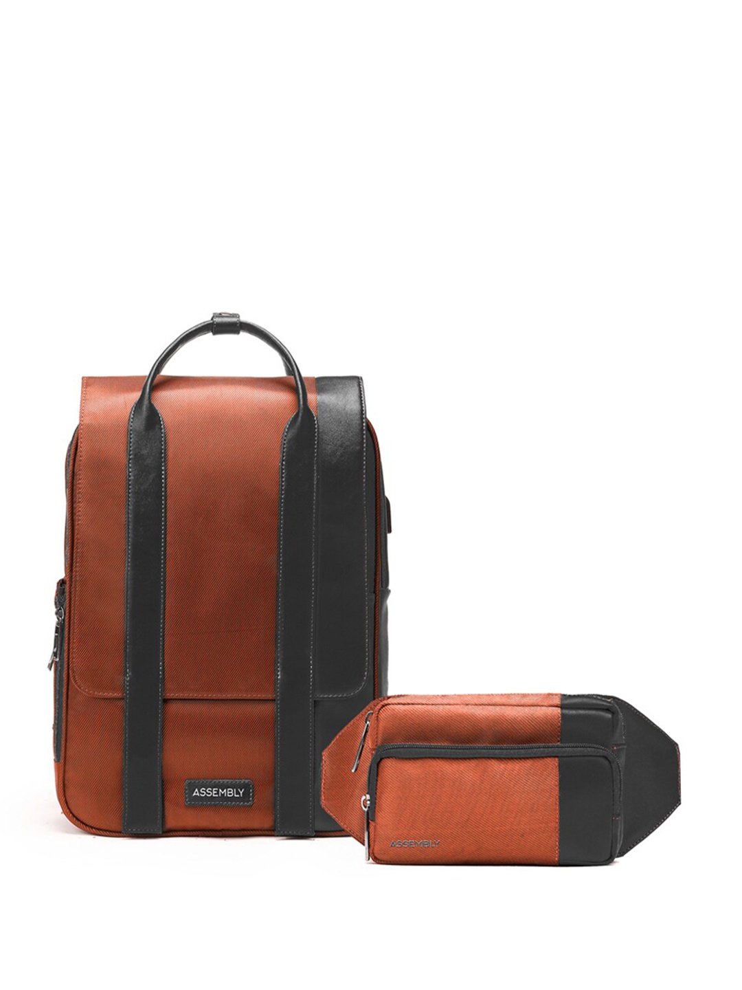 

Assembly Unisex Colourblocked 15 Inch Laptop Backpack with USB Charging Port & Waist Pouch, Rust