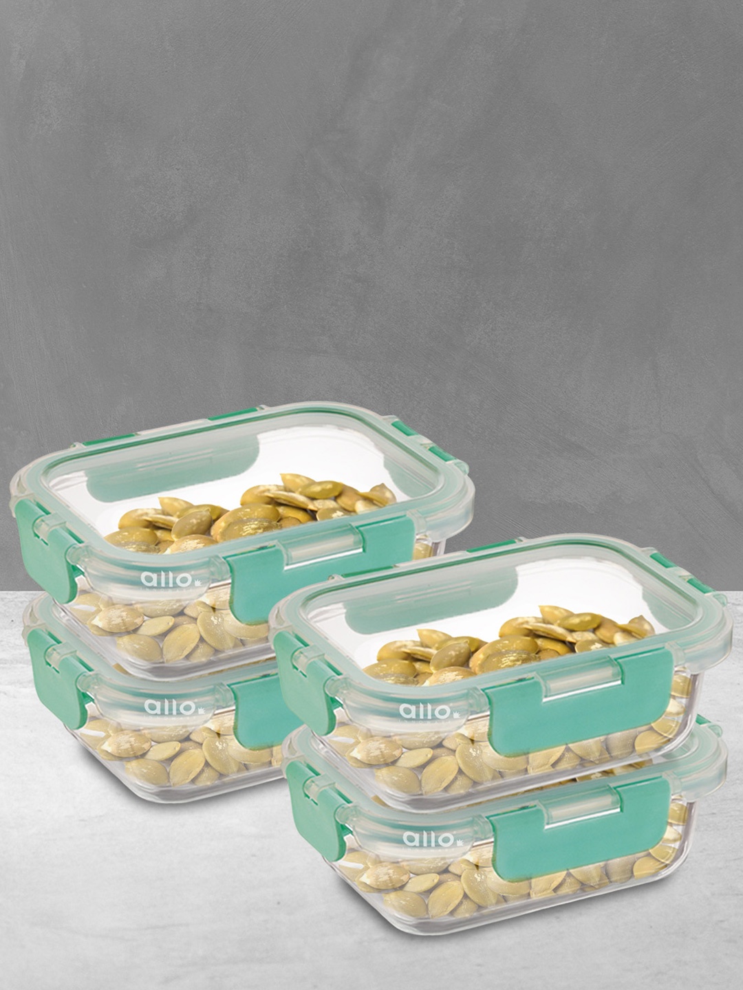 

Allo FoodSafe Microwave Safe Glass Rectangle Containers for Fridge Storage 185ml x 4, Sea green