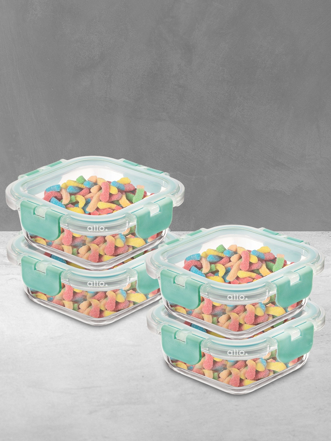 

Allo FoodSafe Microwave Safe Glass Containers for Fridge Storage (160ml x 4, Square), Sea green