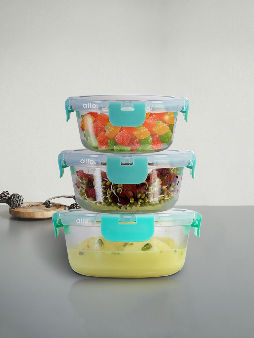 

Allo FoodSafe 3pc Microwave Safe Fridge Storage Round Glass Containers 215ml 390ml & 635ml, Sea green