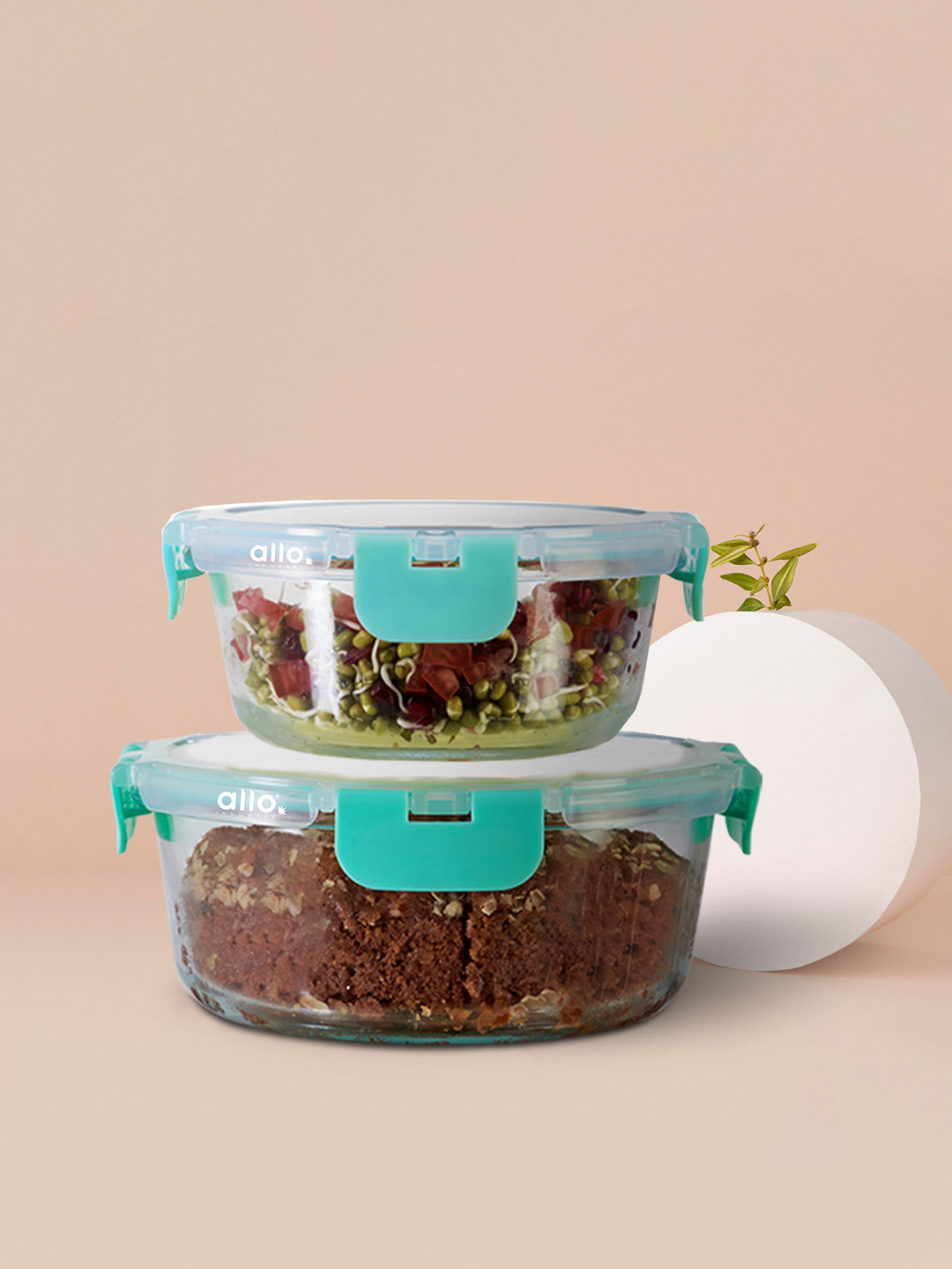 

Allo FoodSafe 2pc Microwave Safe Fridge Storage Round Glass Containers (390ml & 930ml), Green