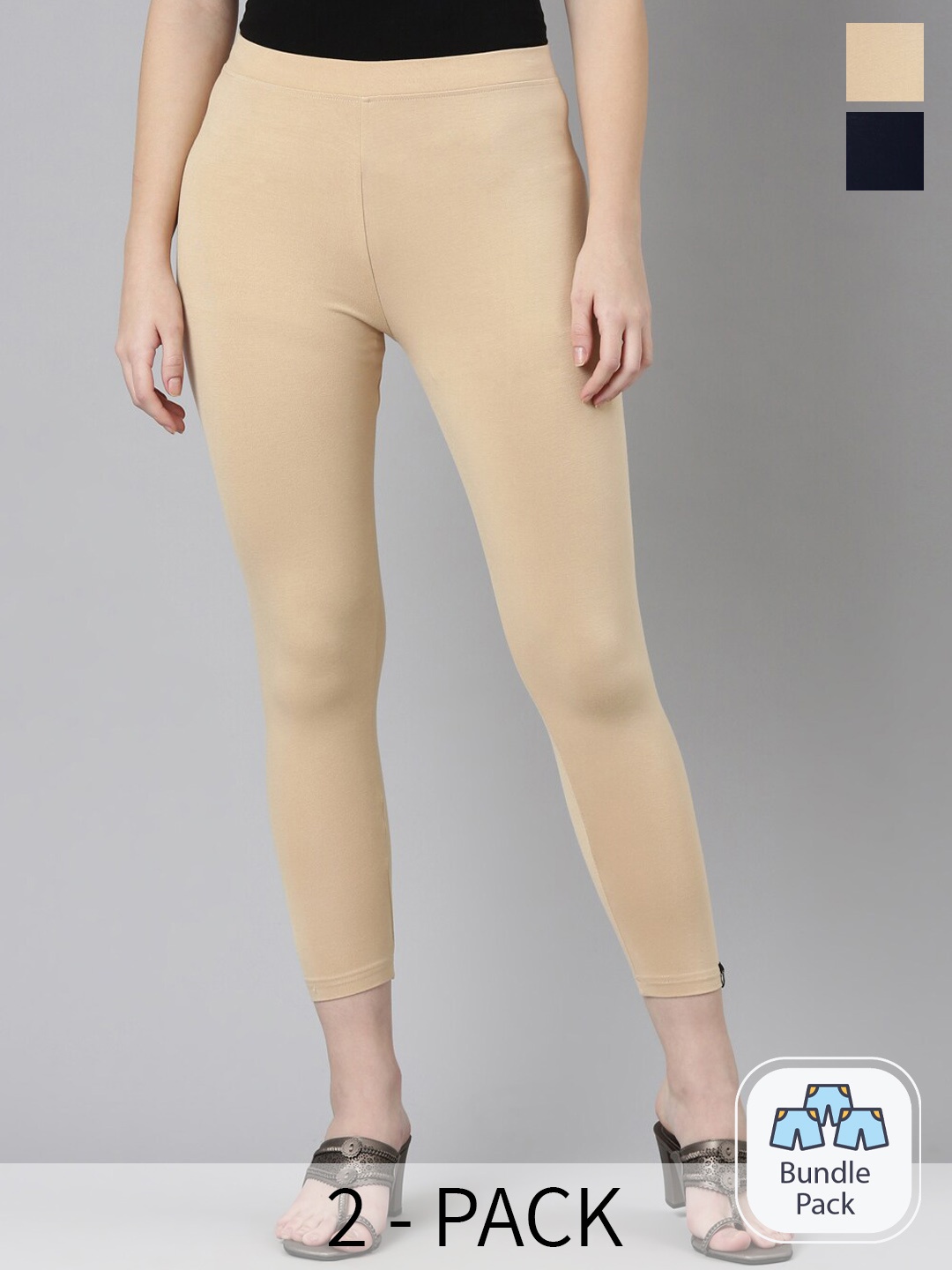 

Twin Birds Pack Of 2 Women Solid Skinny Fit High Ankle Cropped Leggings, Beige