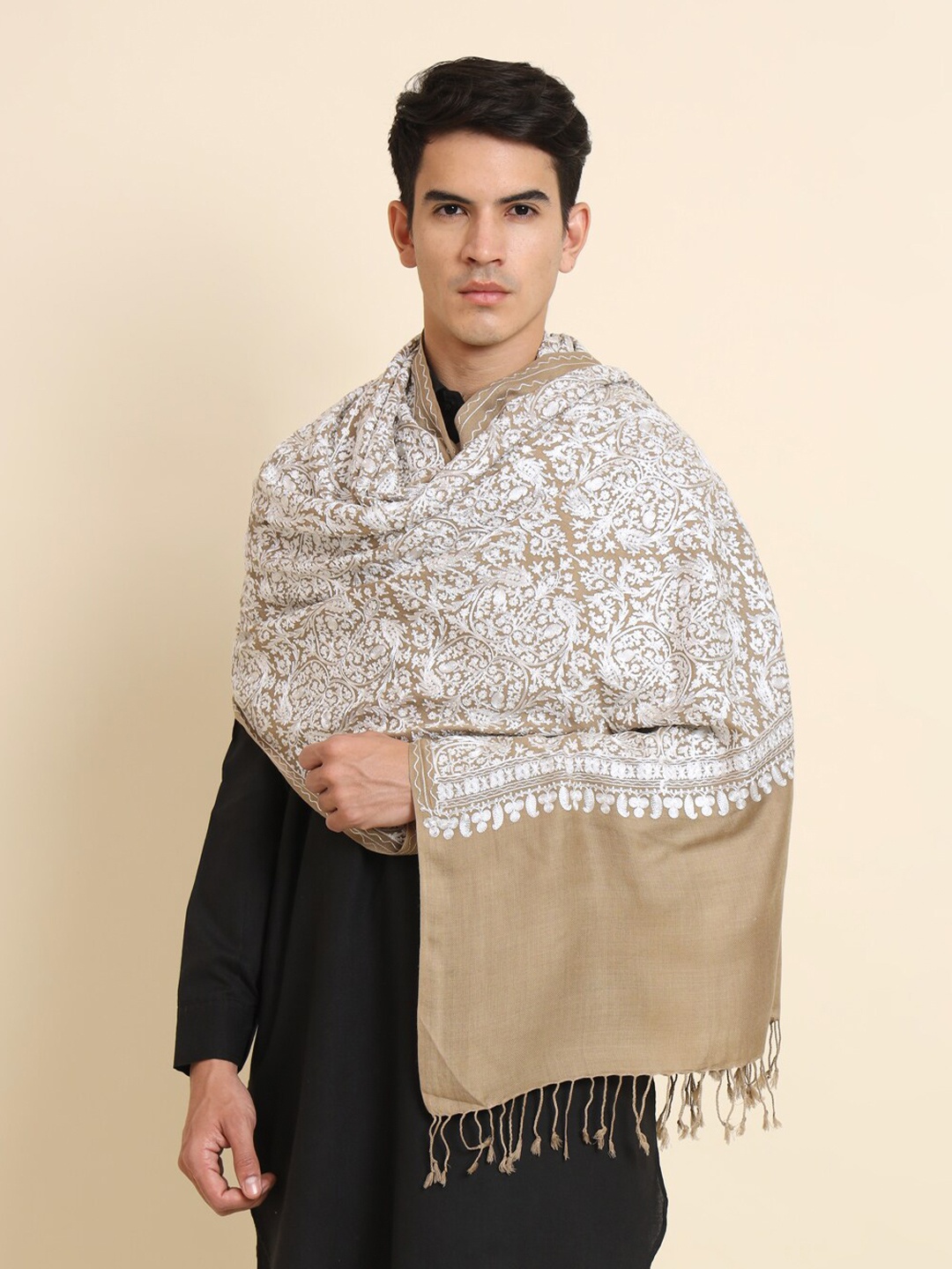 

Zamour Embroidered Woolen Shawl, Brown
