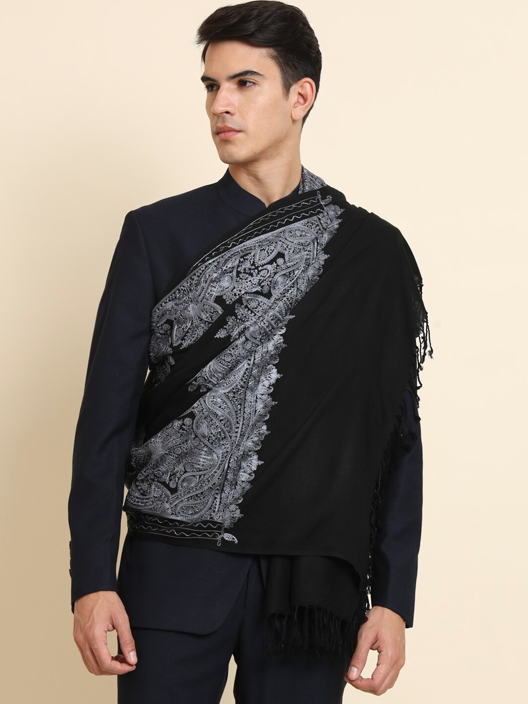 

Zamour Paisley Embroidered Fringed Stole, Black