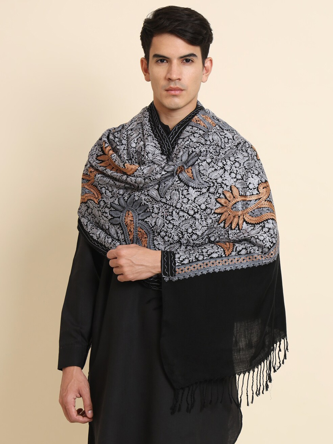 

Zamour Ethnic Motifs Embroidered Pure Wool Tasselled Shawl, Black