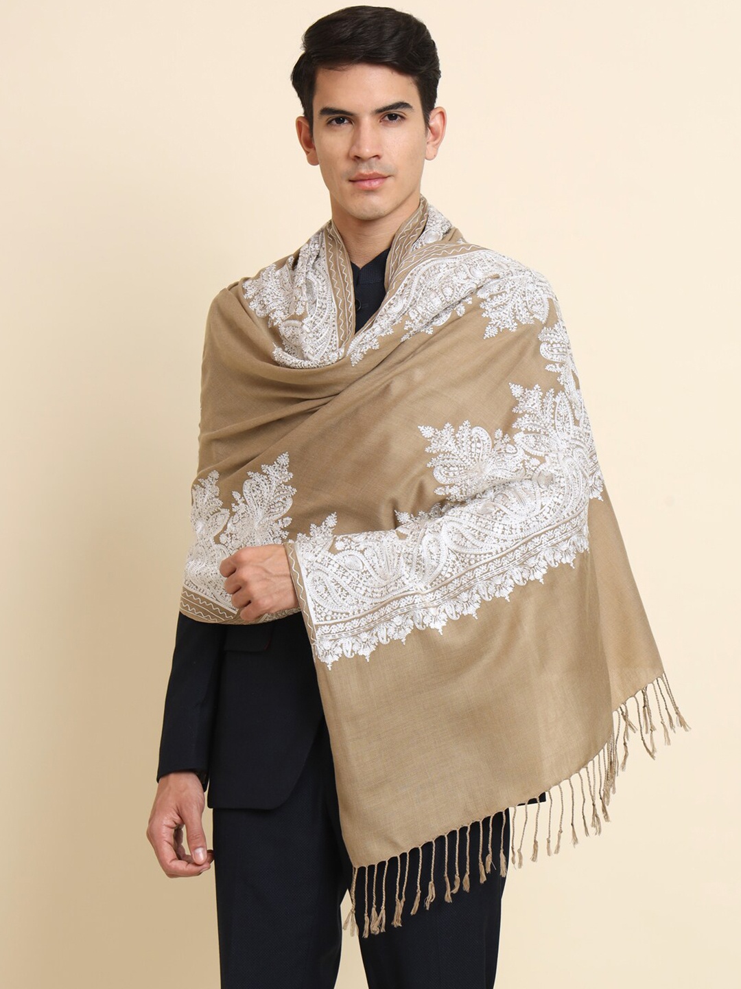 

Zamour Ethnic Motifs Embroidered Pure Wool Tasselled Shawl, Brown