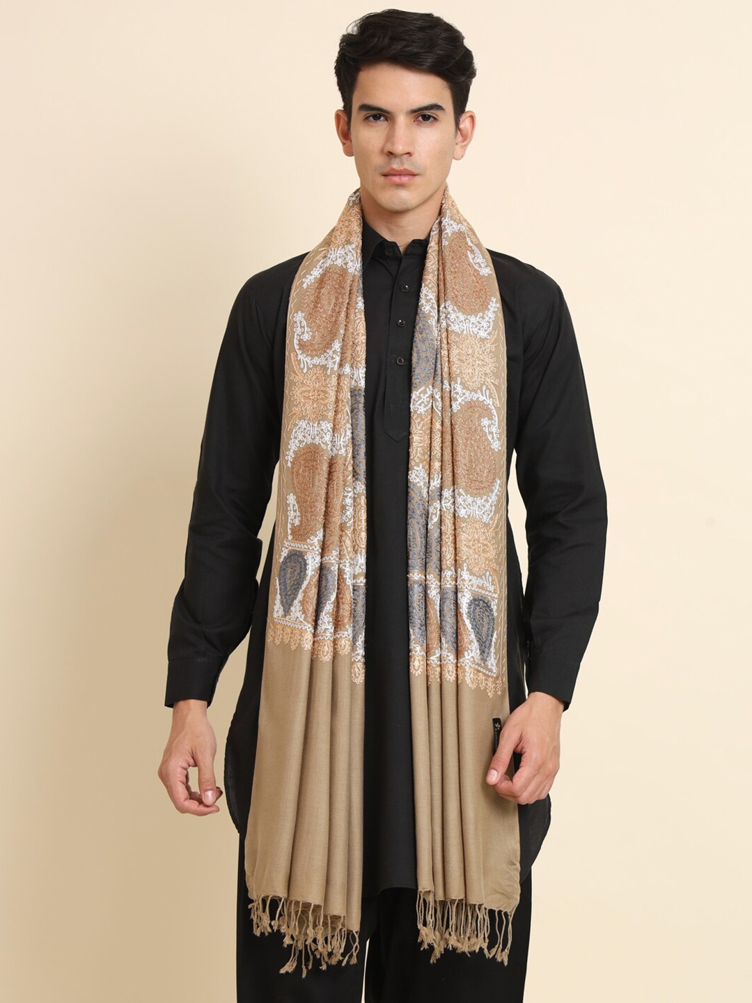 

Zamour EmEthnic Motifs Embroidered Pure Wool Tasselled Shawl, Brown