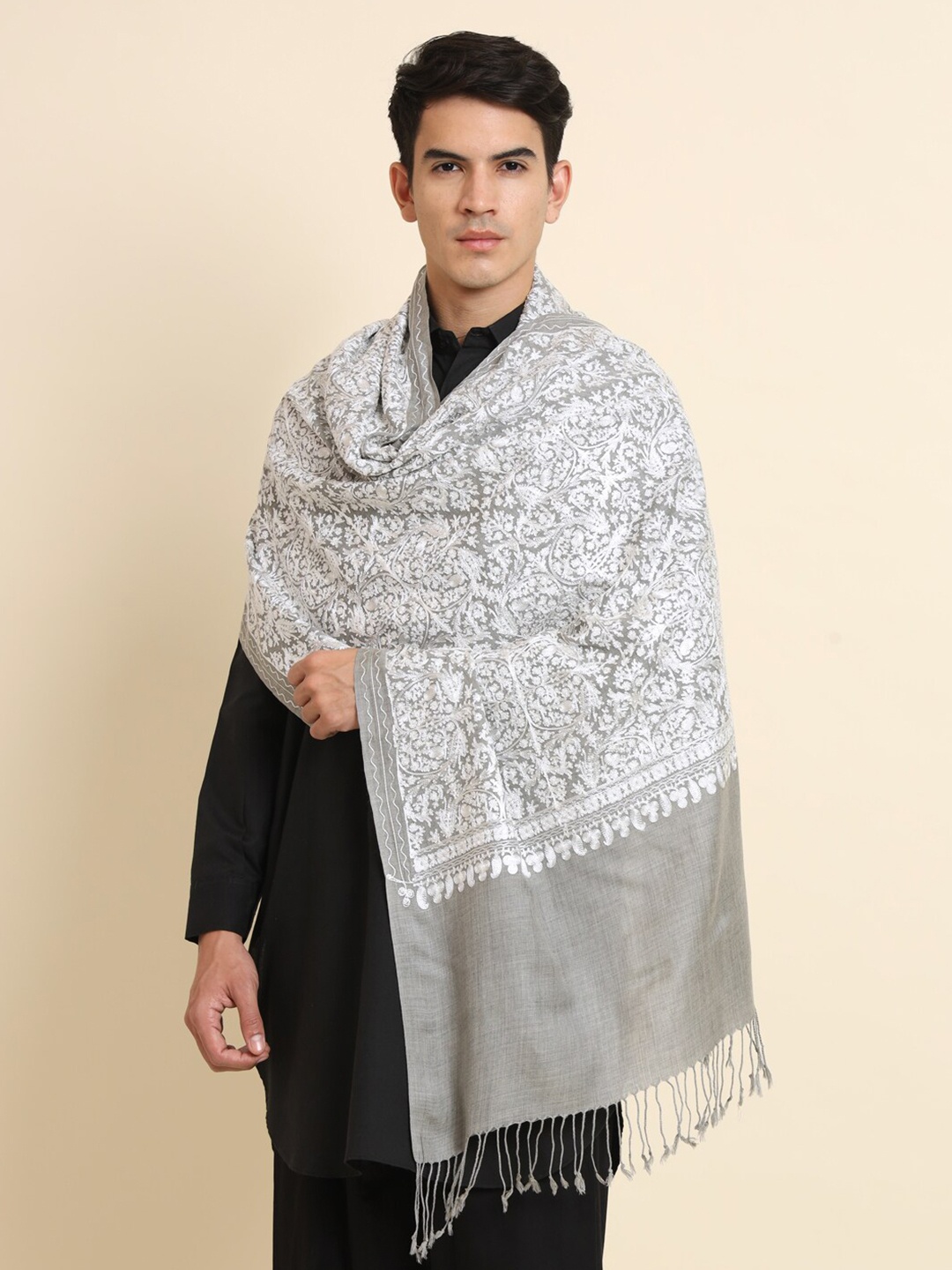 

Zamour Ethnic Motifs Embroidered Wool Shawl, Grey