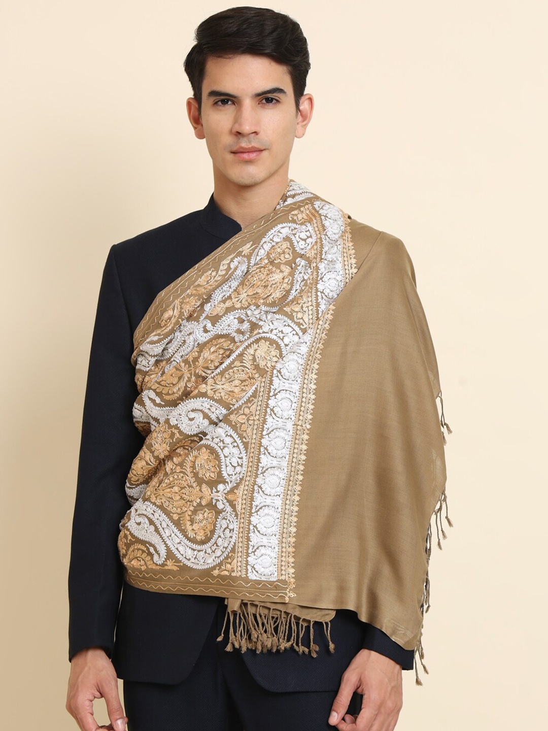 

Zamour Silk Embroidered Woolen Stole, Brown