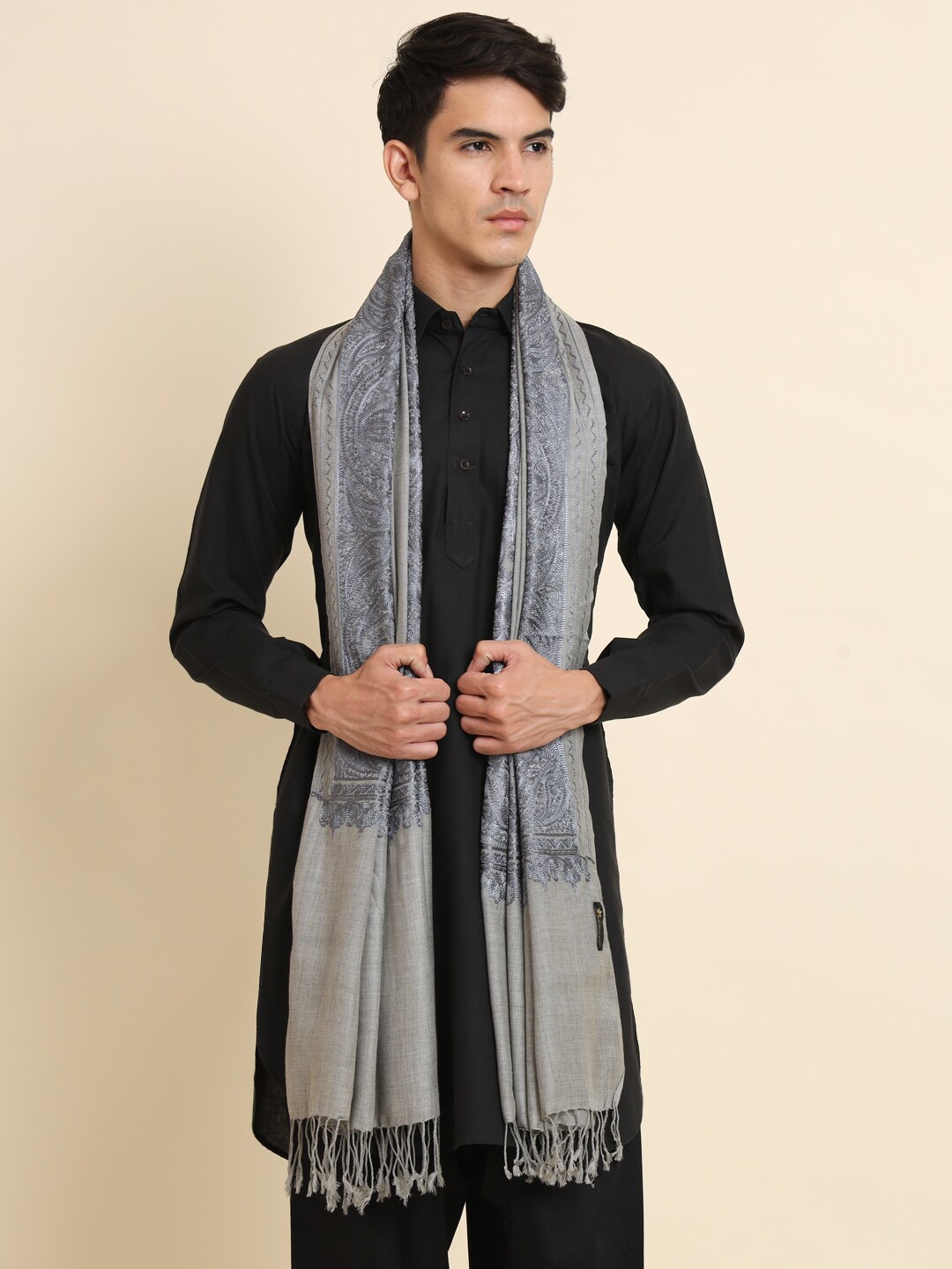 

Zamour Ethnic Motif Embroidered Wool Shawl, Grey