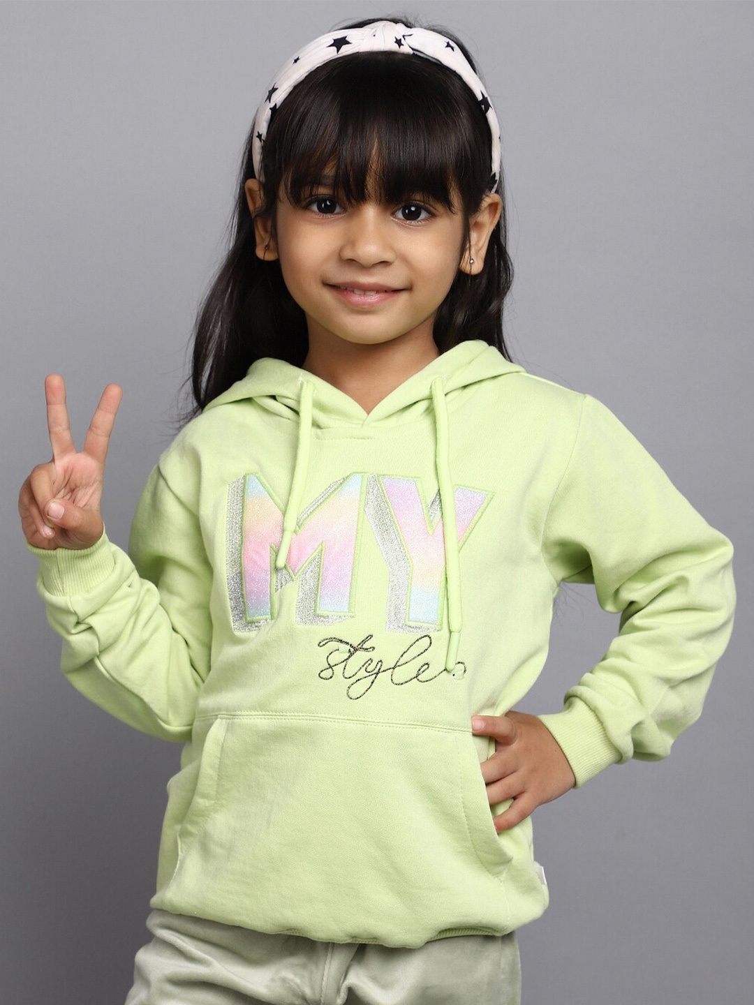 

V-Mart Girls Typography Printed Hooded Fleece Pullover Sweatshirt, Green