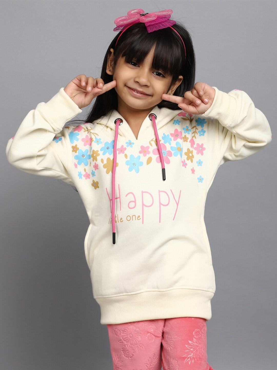 

V-Mart Girls Typography Printed Hooded Fleece Sweatshirt, Off white