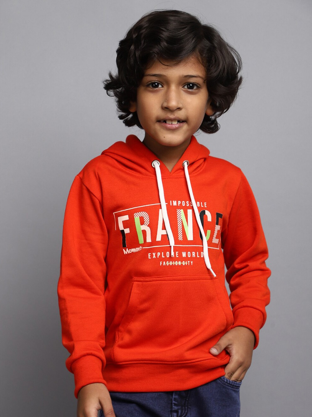 

V-Mart Boys Typography Printed Hooded Fleece Sweatshirt, Rust