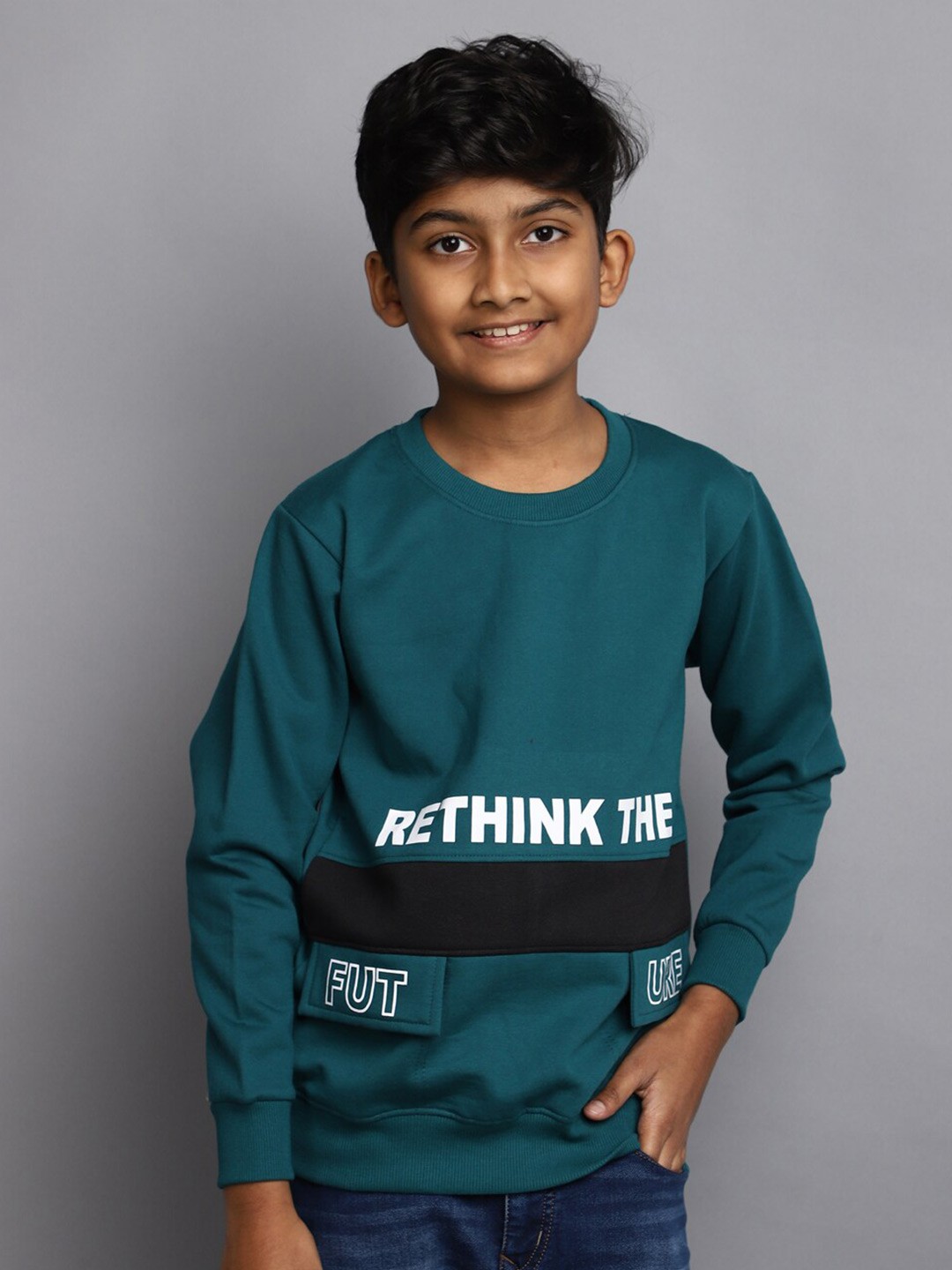 

V-Mart Boys Typography Printed Round Neck Fleece Pullover Sweatshirt, Teal
