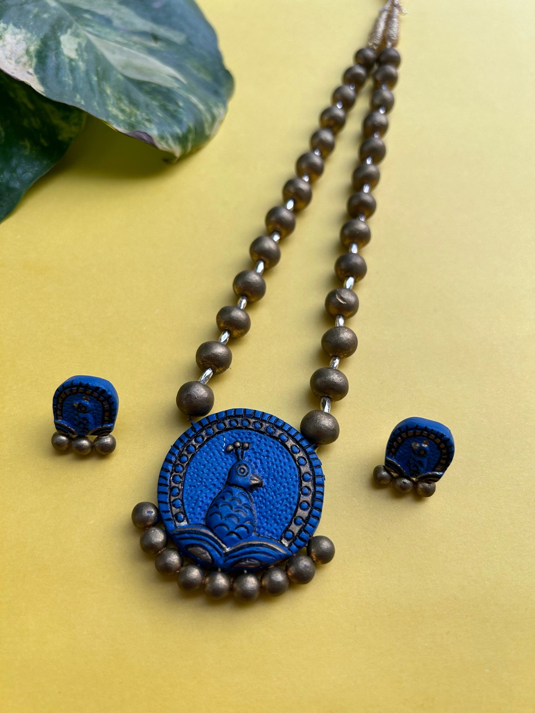 

FIROZA Clay Beads Terracota Hand Painted Mayur Necklace & Earrings, Gold
