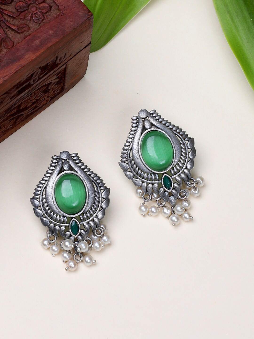 

FIROZA Silver-Plated Teardrop Shaped Studs Earrings
