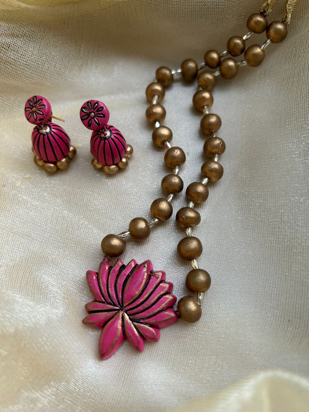 

FIROZA Clay Beads Terracota Hand Painted Lotus Necklace & Earrings, Gold