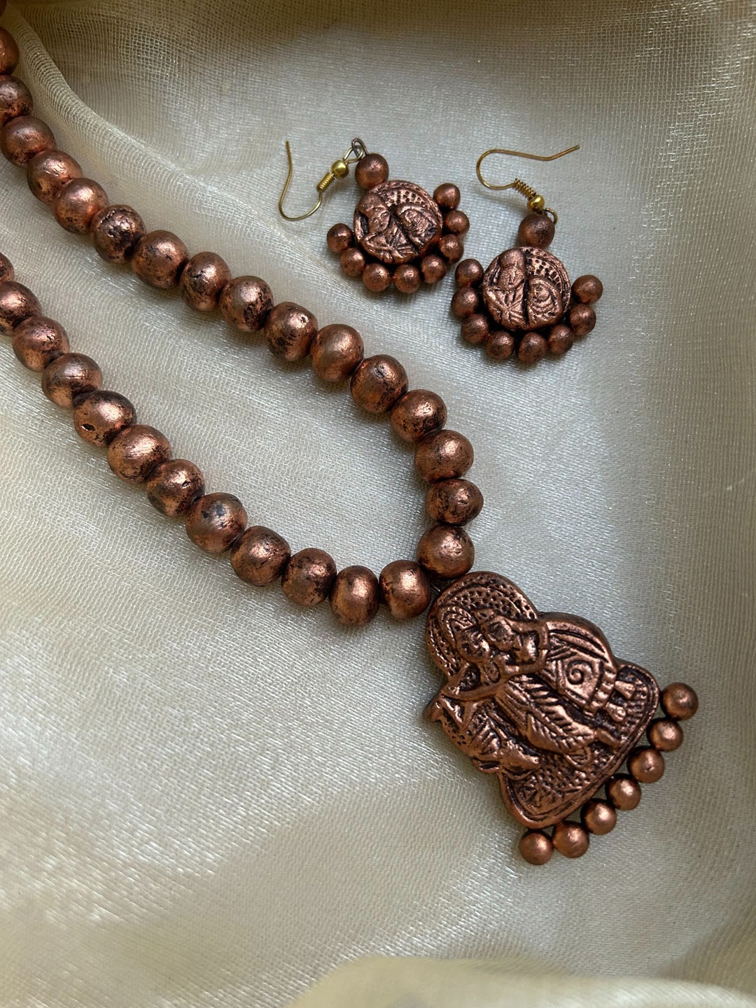 

FIROZA Clay Beads Terracota Hand Painted Radha Krishna Necklace & Earrings, Bronze