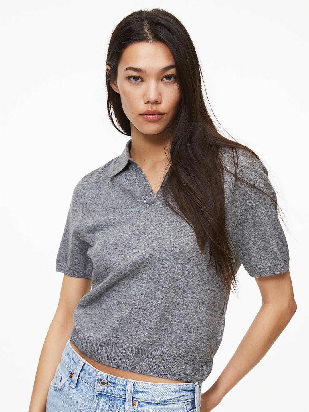 

H&M Fine-Knit Polo Shirt, Grey