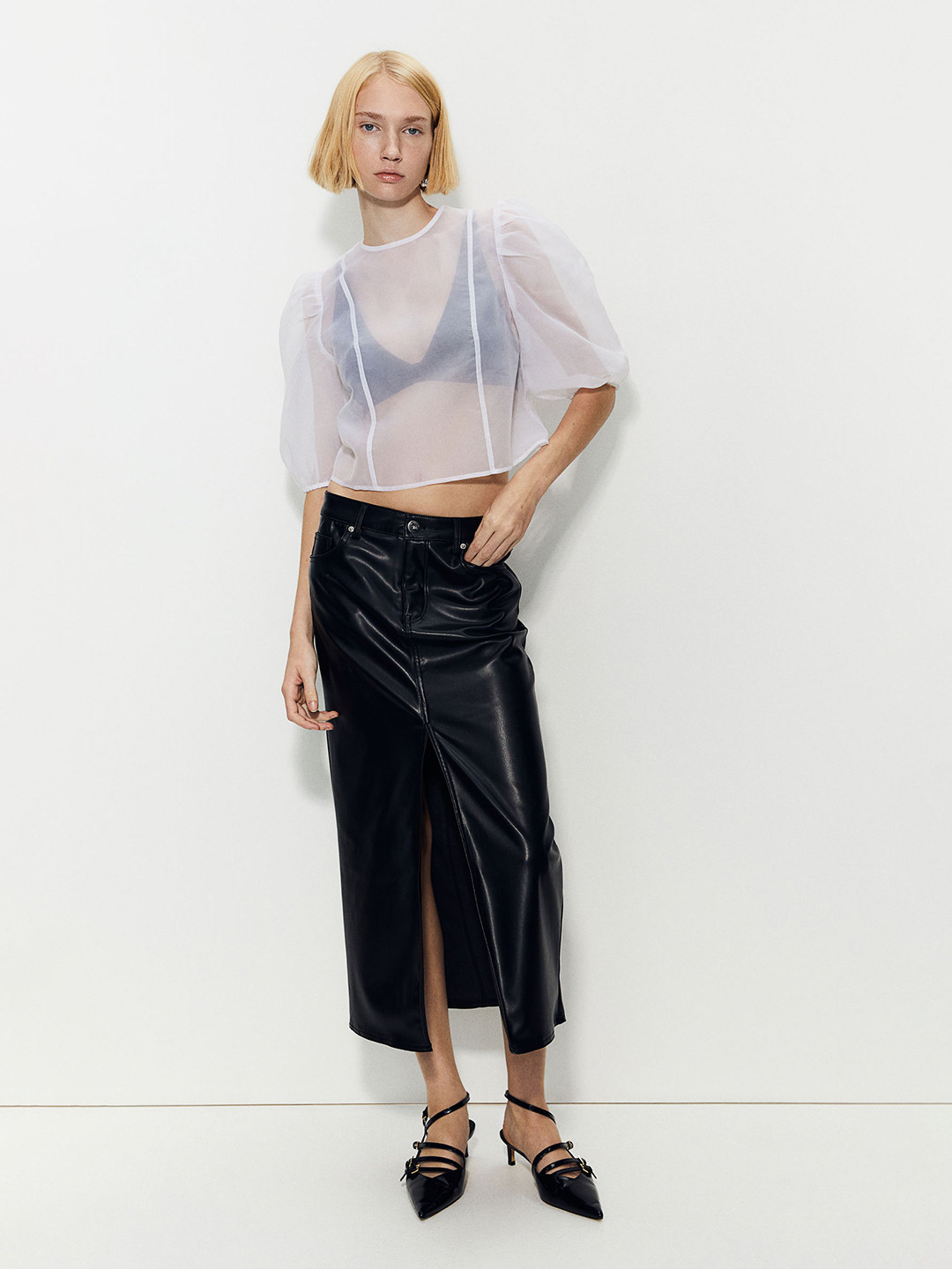 

H&M Puff-Sleeved Organza Top, White
