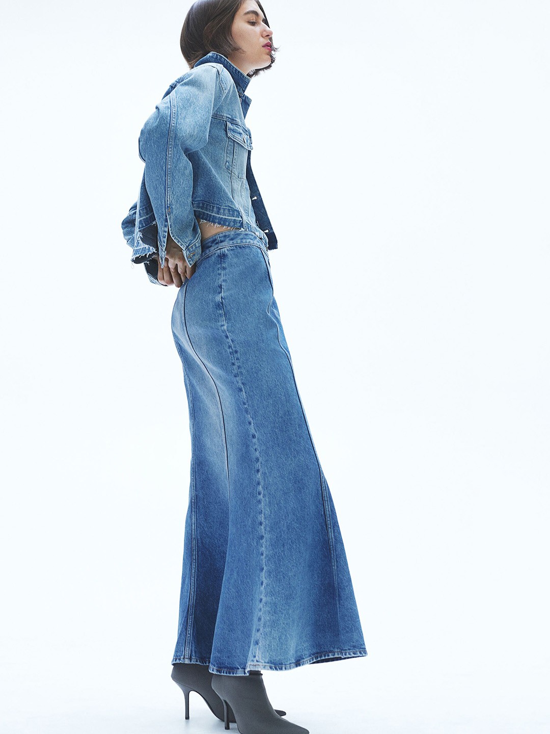 

H&M Flared-Hem Cotton Denim Skirt, Blue