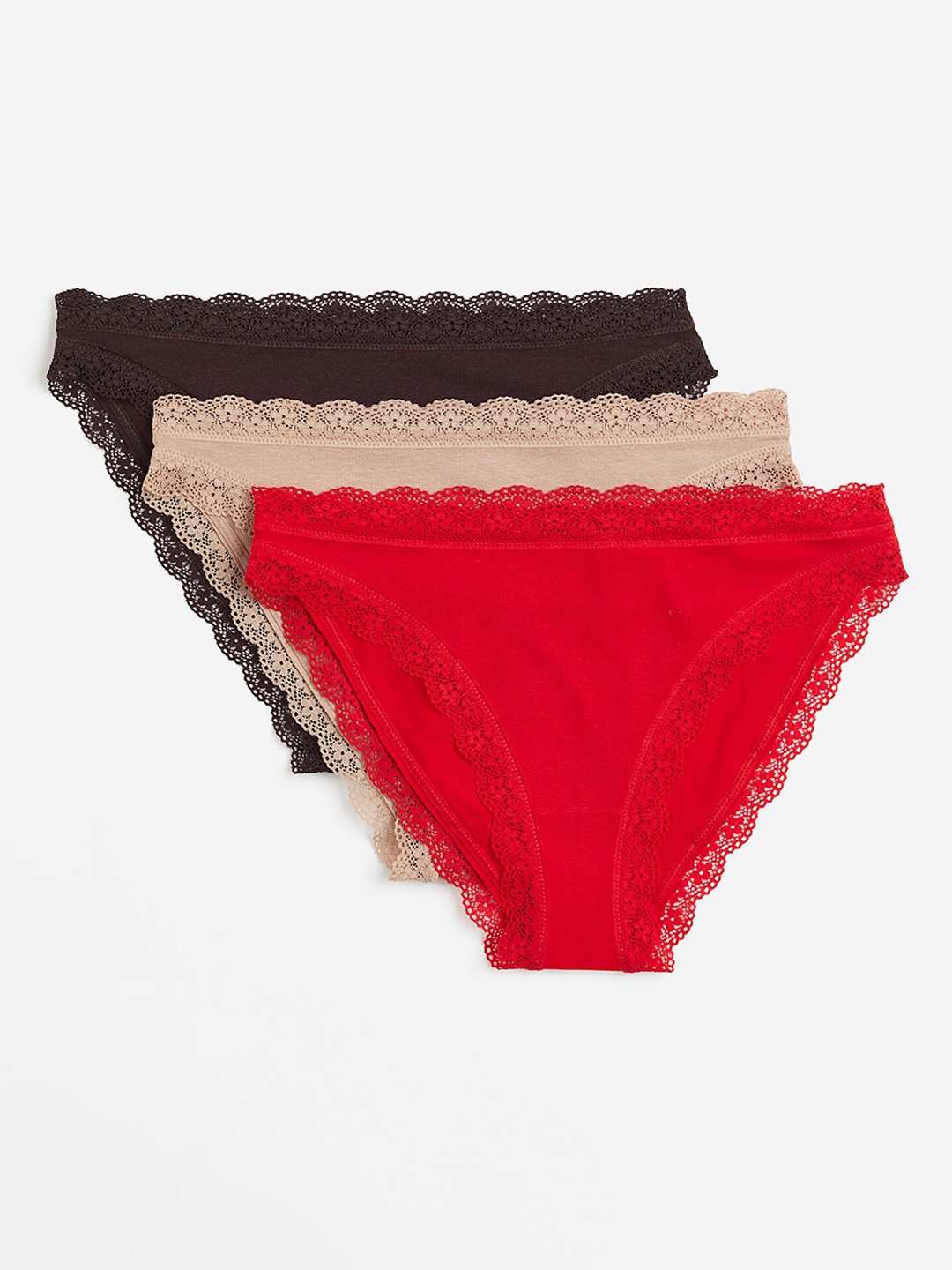 

H&M Women 3-Pack Lace-Trimmed Bikini Briefs, Brown