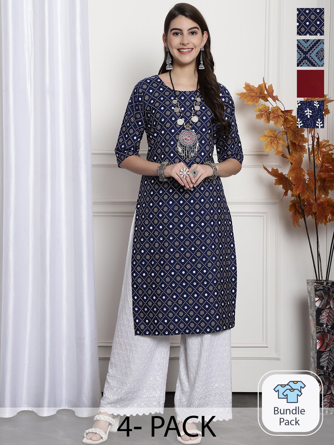 

7Threads A Selection of 4 Ethnic Motifs Printed Straight Kurta, Blue