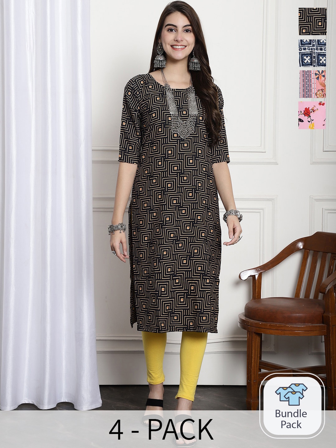 

7Threads Selection Of 4 Ethnic Motifs Printed Round Neck Kurtas, Black
