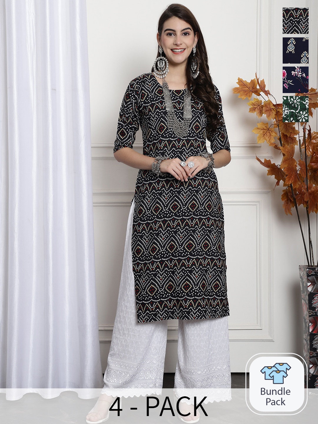 

7Threads Selection Of 4 Ethnic Motifs Printed Straight Kurta, Black